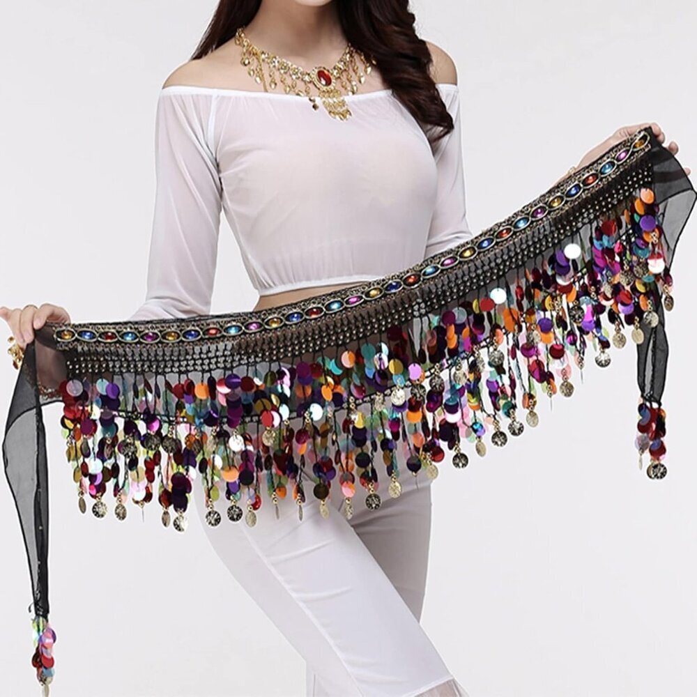 Women’s Belly Dance Hip Scarf Sequins Coins Midi Wrap Performance Costume - Picture 2 of 4
